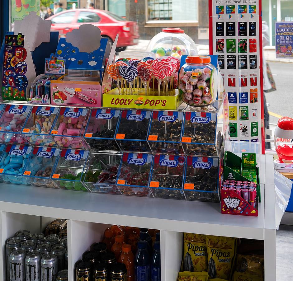 Expositor de golosinas a granel, piruletas y chuches en La Golondrina