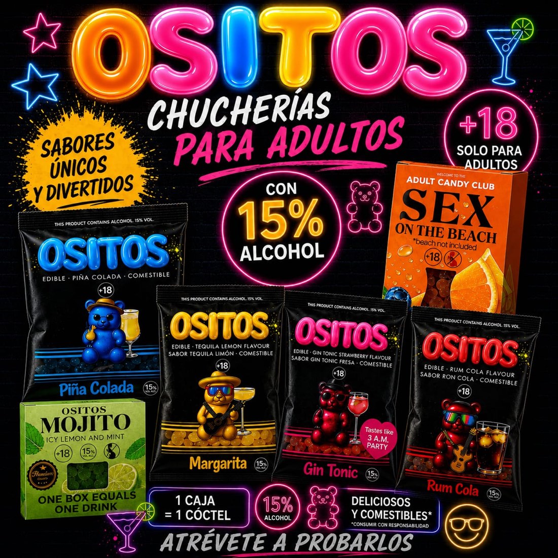 Gama de ositos de gominola con alcohol 15% vol. para adultos: Piña Colada, Margarita, Gin-Tónic, Rum Cola, Mojito y Sex on the Beach