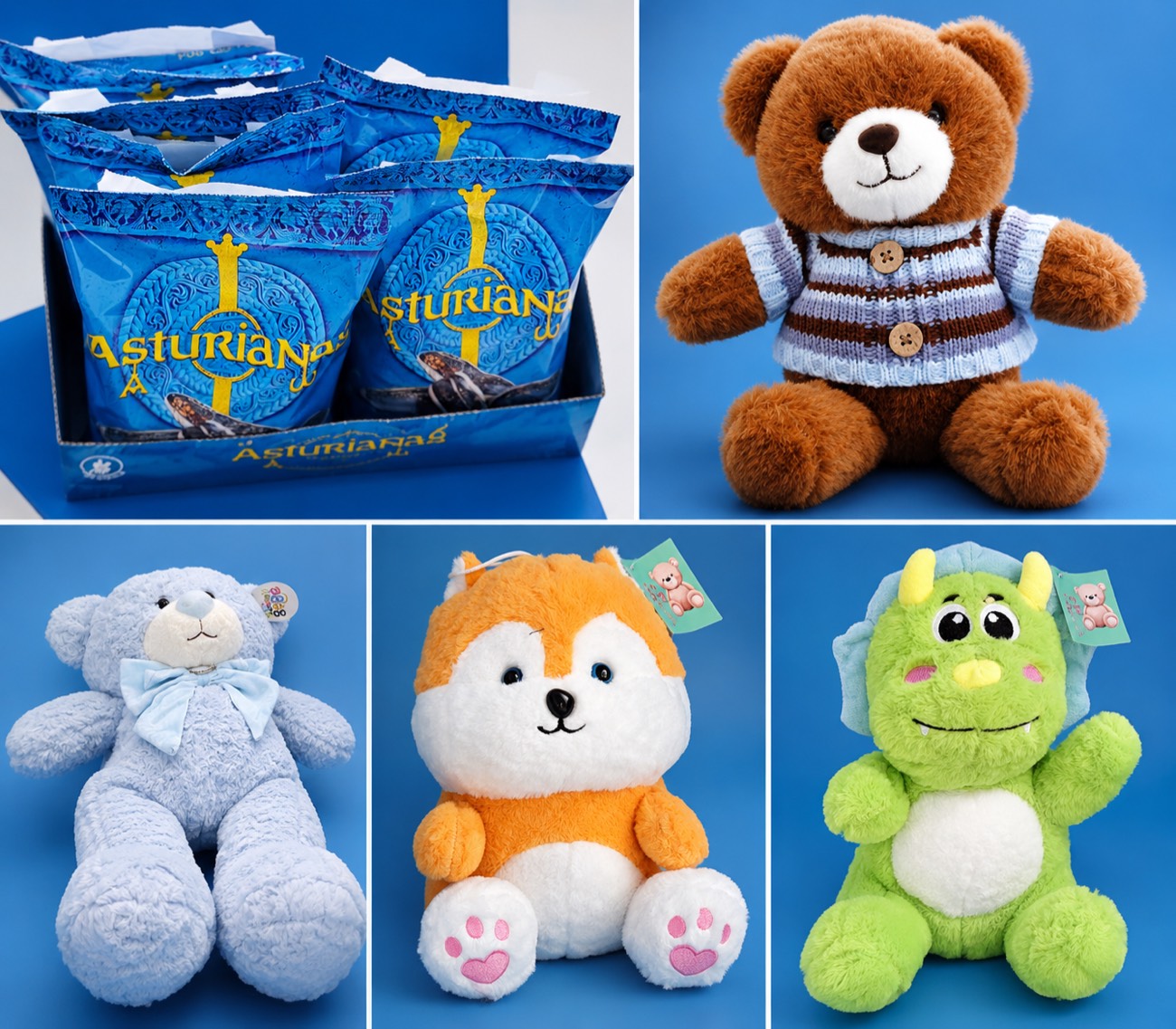 Colección de peluches: oso, zorro y dragón, y pipas Asturianas