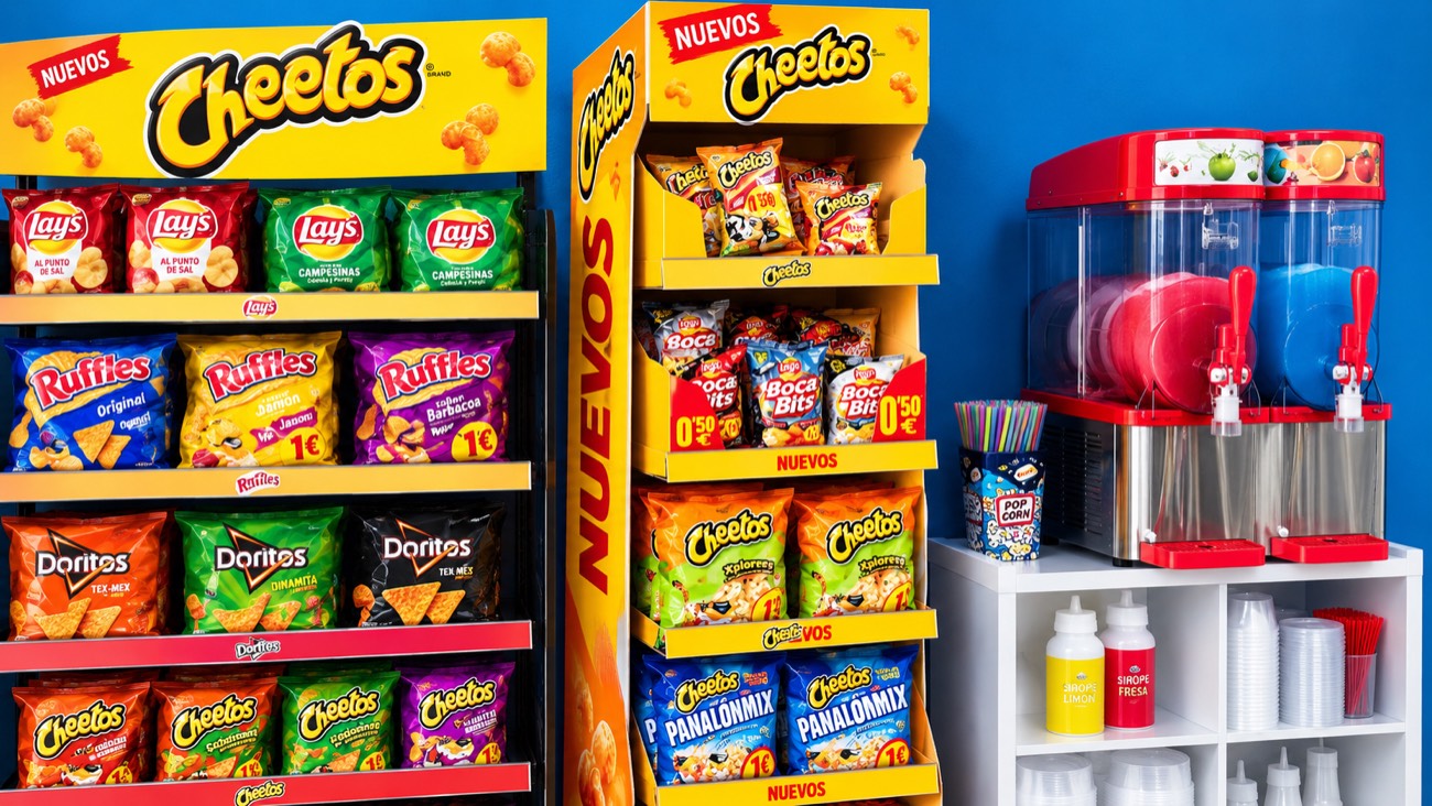 Expositor de snacks (Cheetos, Lays, Ruffles, Doritos) y máquinas de granizado